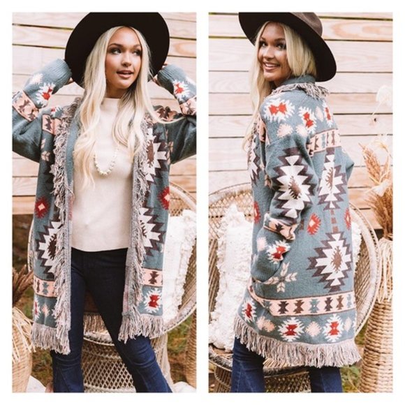 New Aztec Print Blanket Western Fringe Cardigan Sweater Coat - Picture 3 of 10